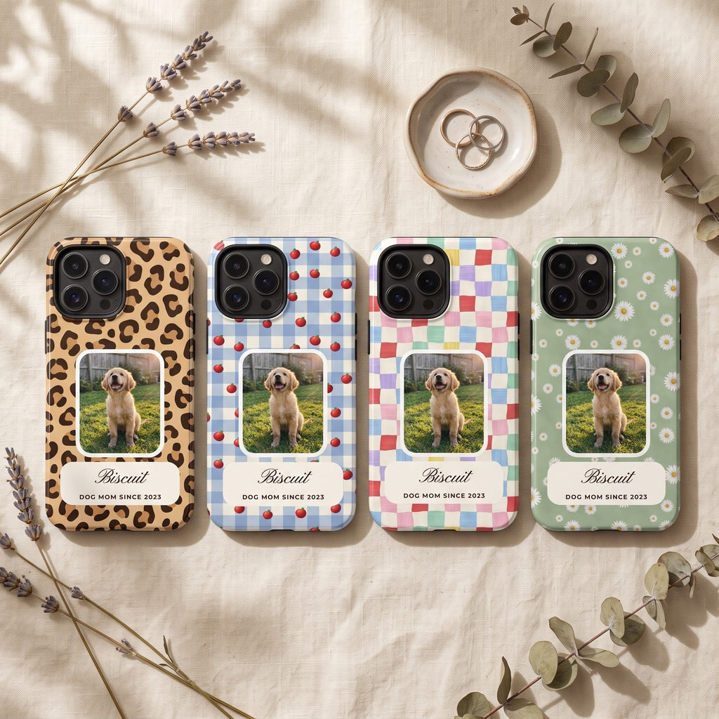 Four framed designs side by side: leopard, blue gingham, candy checker and sage daisy phone cases
