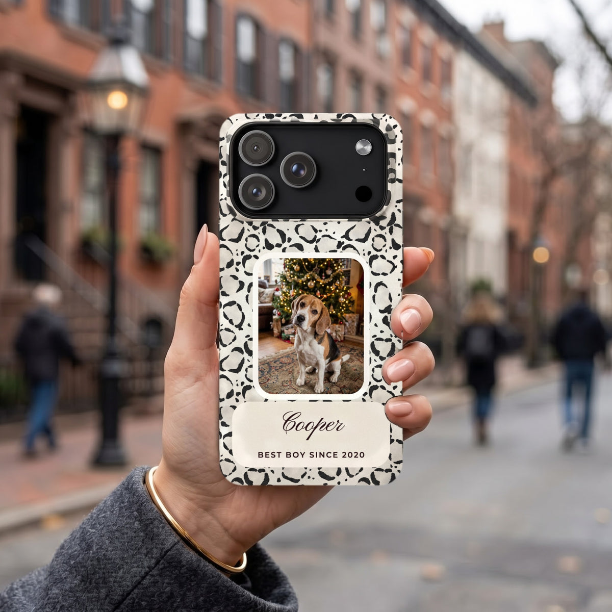 Snow leopard phone case with a beagle photo window on an autumn street