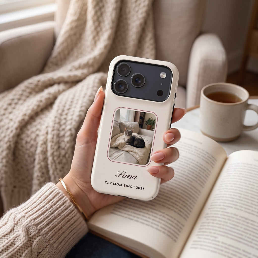 Classic cream phone case with a rose-outlined cat photo window and the name Luna, above an open book
