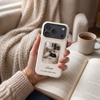 Classic cream phone case with a rose-outlined cat photo window and the name Luna, above an open book