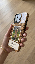 Leopard print wrapping around the glossy edge onto the side wall and button covers