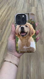 Full photo case: puppy photo printed edge to edge with the name Biscuit, held flat in hand