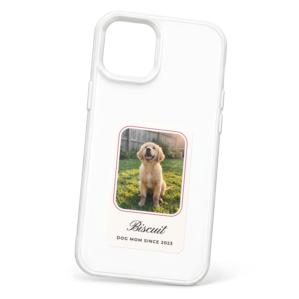 HoloFrame phone case in solid glossy white with a cream photo card printed with a puppy and the name Biscuit
