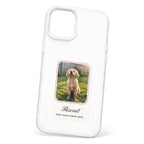 HoloFrame phone case in solid glossy white with a cream photo card printed with a puppy and the name Biscuit