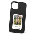 HoloFrame phone case in solid black with a cream photo card printed with a puppy and the name Biscuit