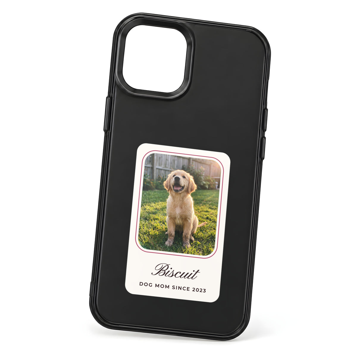 HoloFrame phone case in solid black with a cream photo card printed with a puppy and the name Biscuit