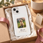 White HoloFrame photo case in a gift box with tissue paper and ribbon