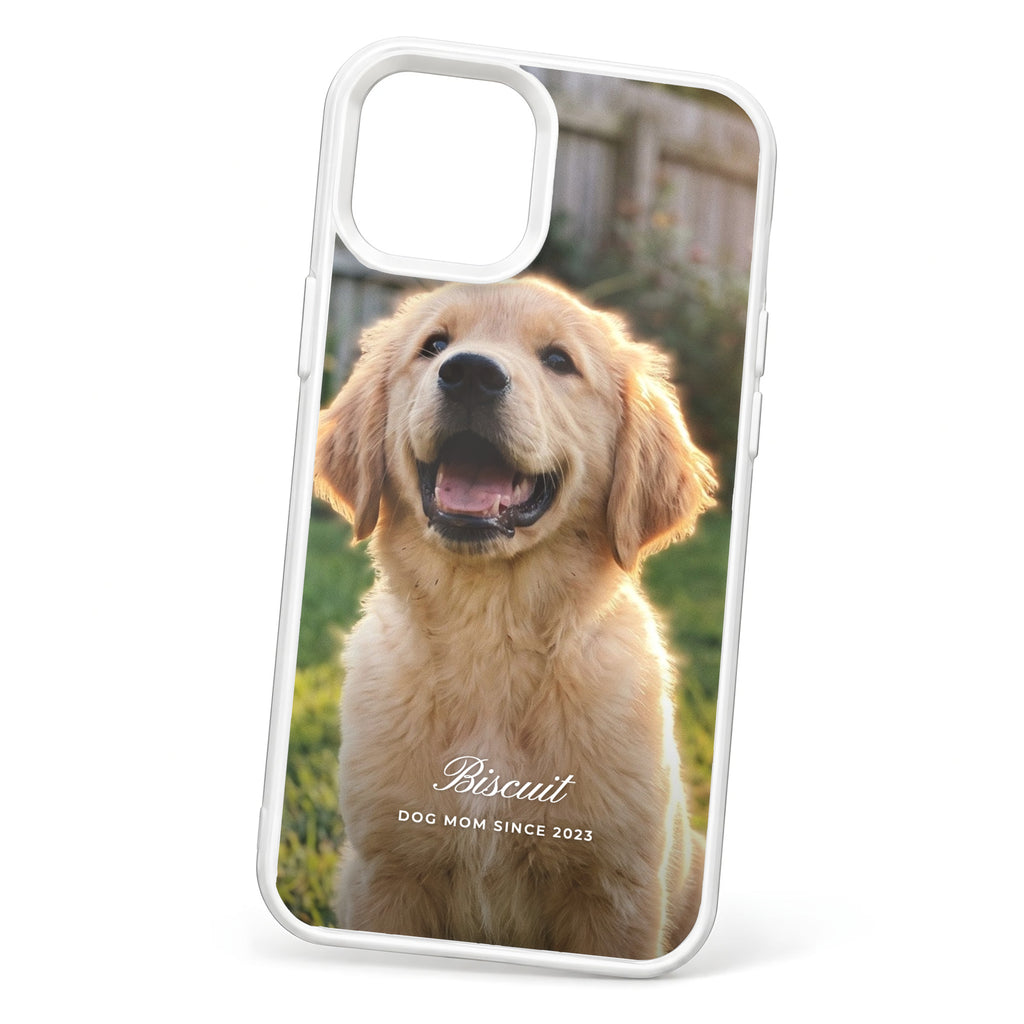 HoloFrame phone case in solid white with a full-back photo print of a puppy and the name Biscuit