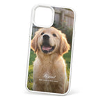 HoloFrame phone case in solid white with a full-back photo print of a puppy and the name Biscuit