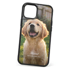 HoloFrame phone case in solid black with a full-back photo print of a puppy and the name Biscuit