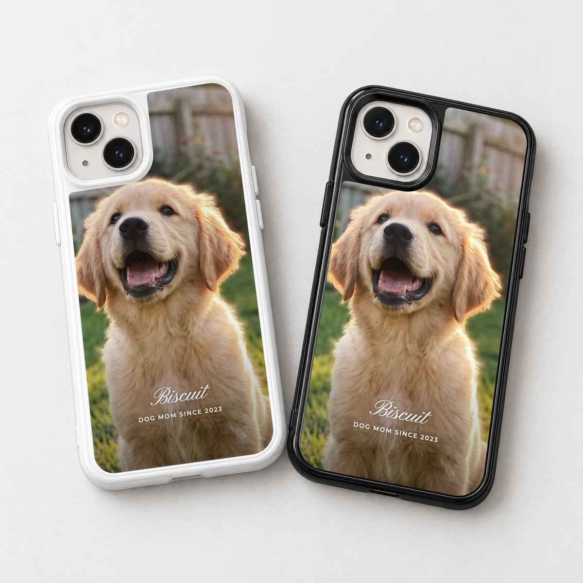 White and black HoloFrame cases with full-back puppy photo prints side by side