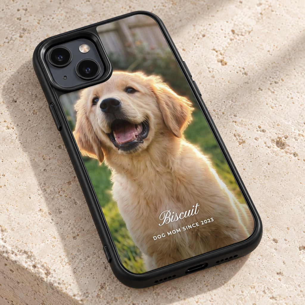 Black HoloFrame case with a full-back print at an angle, showing the soft bumper and camera lip