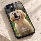 Black HoloFrame case with a full-back print at an angle, showing the soft bumper and camera lip