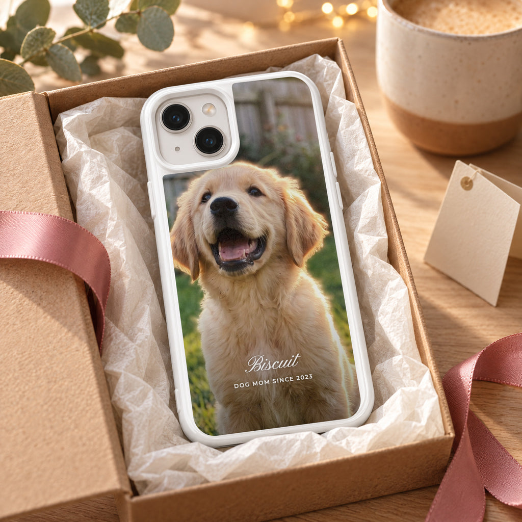 White HoloFrame case with a full-back puppy photo print in a gift box