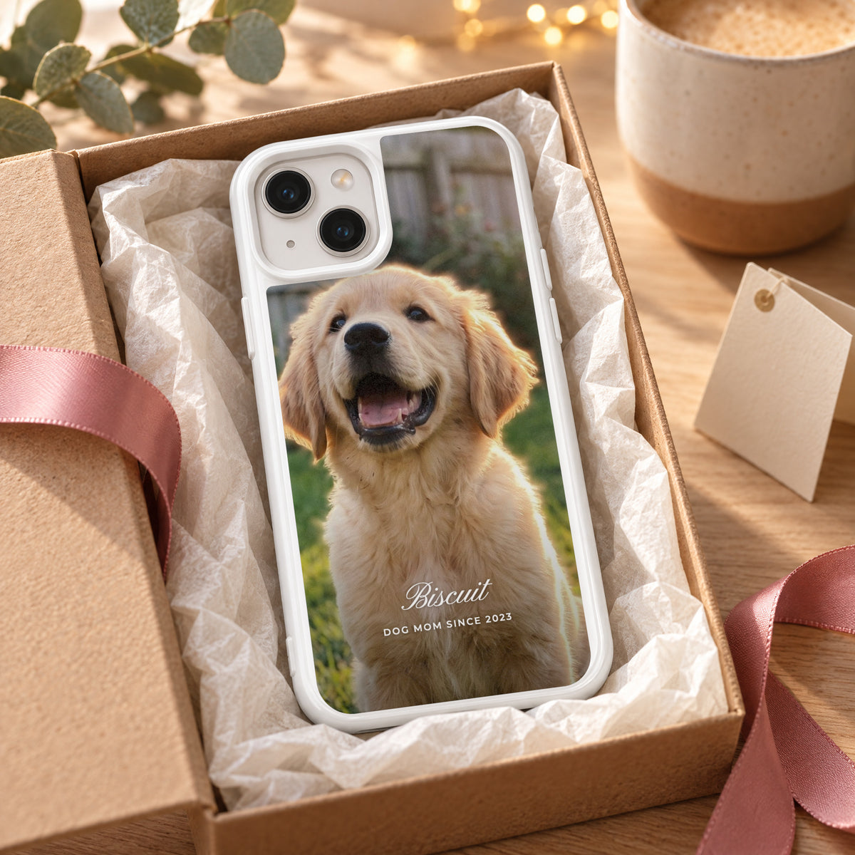 White HoloFrame case with a full-back puppy photo print in a gift box