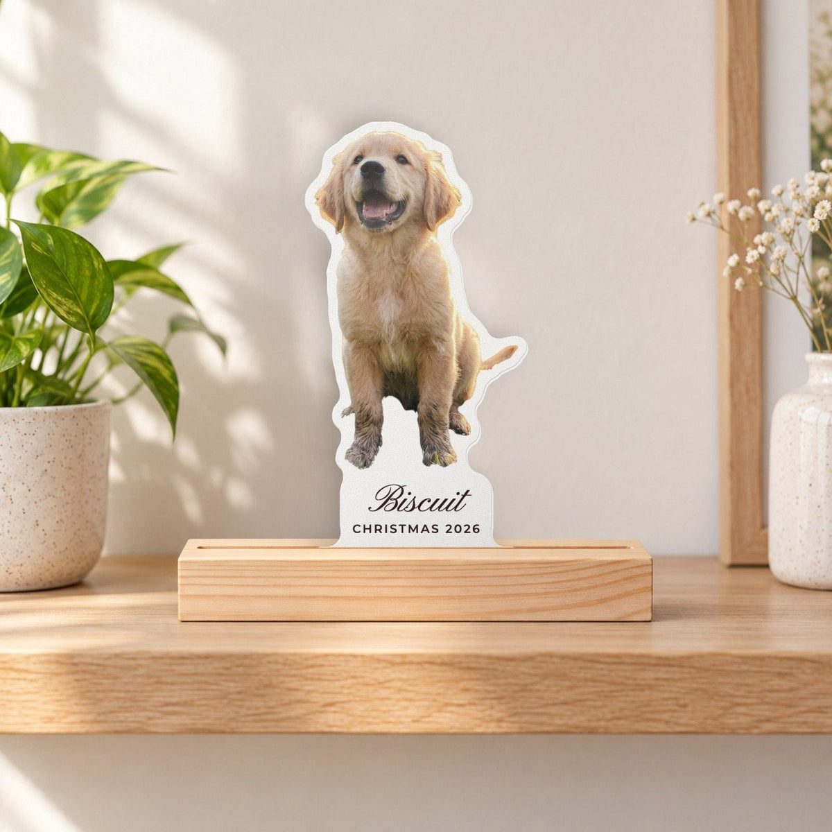 Custom Photo Acrylic Plaque with Name, 4x6, live preview with a sample photo of Biscuit