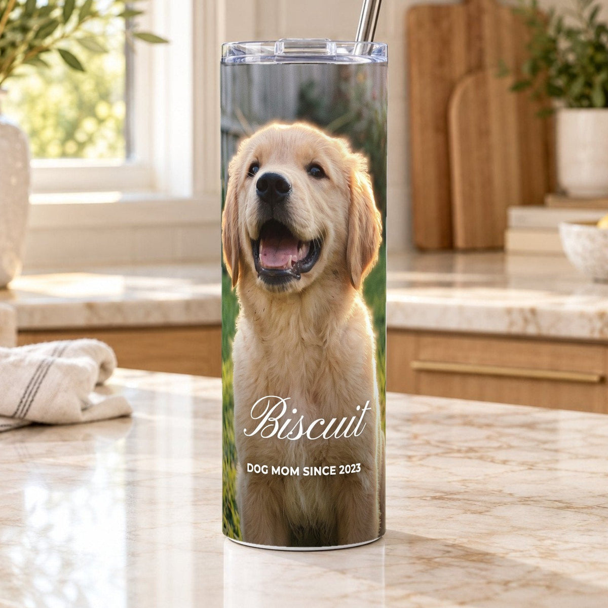 Custom Photo Skinny Tumbler with Name, 20 oz, close-up of the personalised print