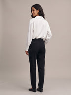 Back view of the white Quiet Luxe satin blouse with shirt collar