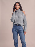 Soft Spell cold-shoulder turtleneck knit sweater in gray, front view with blue jeans, studio photo