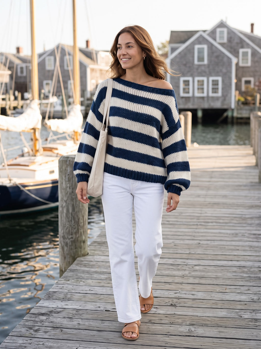 Woman walking on a harbor dock in the navy and cream striped off-shoulder sweater with white jeans and a canvas tote
