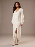 Winter Glow V-neck plush button maxi dress in white, full-length studio view with ivory knee boots