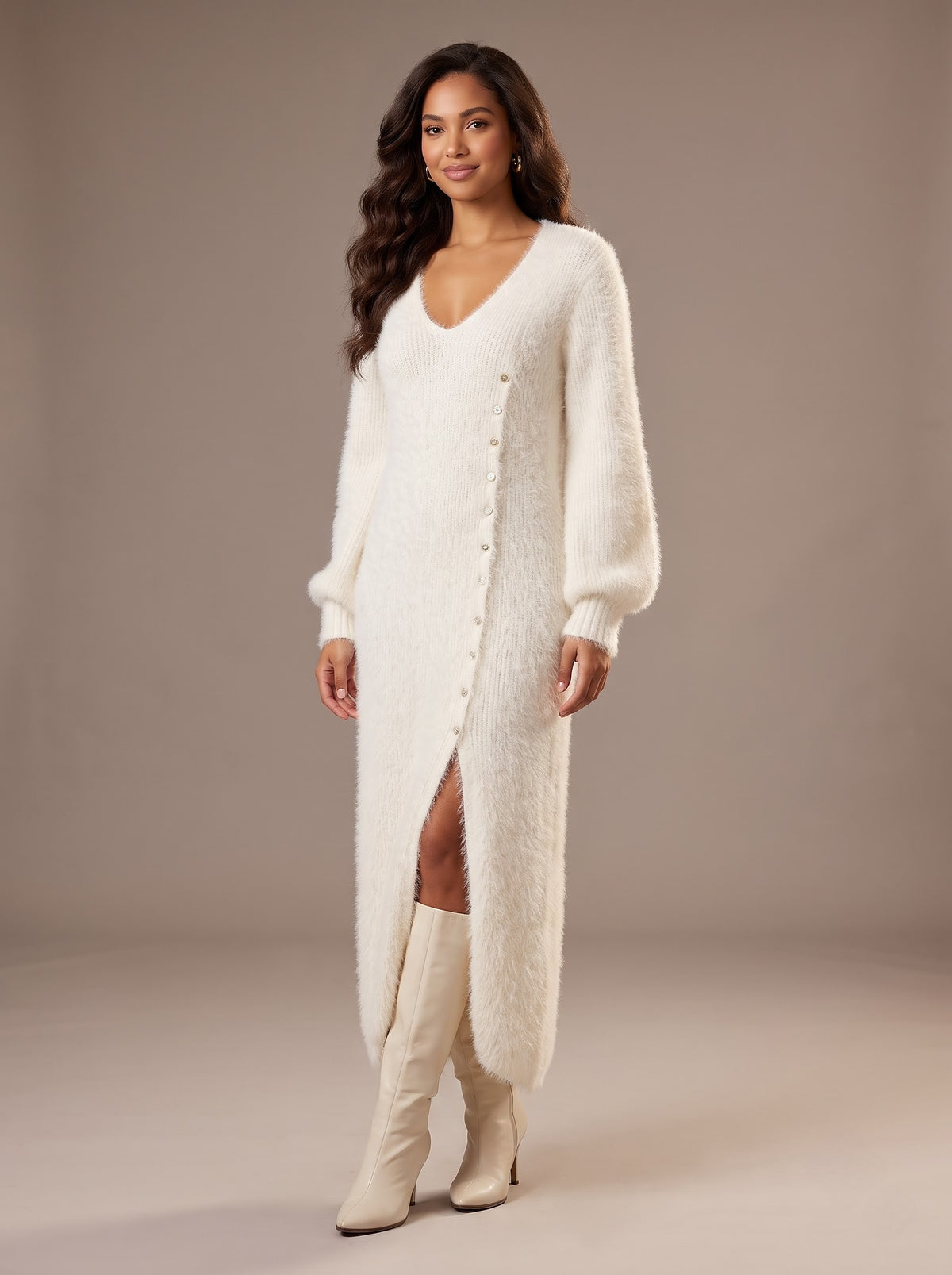 Winter Glow V-neck plush button maxi dress in white, full-length studio view with ivory knee boots