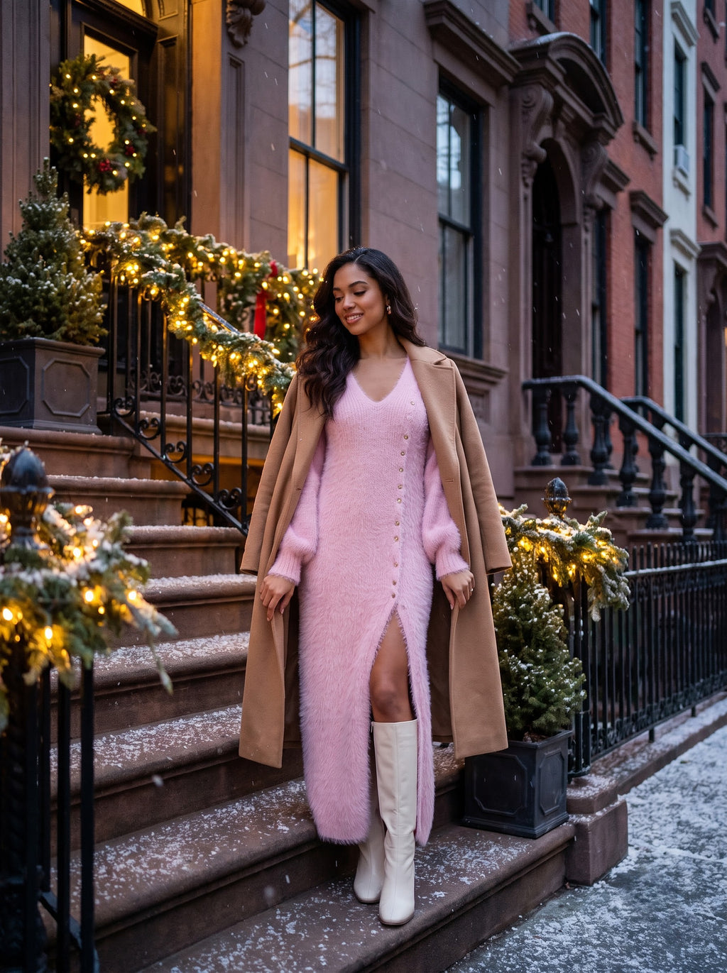 Woman in the pink Winter Glow plush maxi dress with a camel coat on a snowy New York brownstone stoop