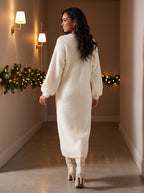 Back view of the white Winter Glow plush maxi dress with long balloon sleeves